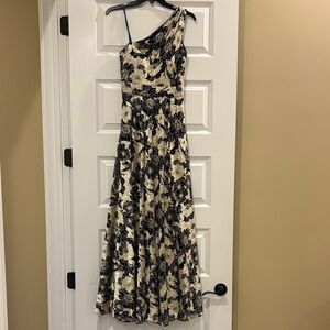 Betsy & Adam One-Shoulder Navy and Gold Glittering Gown